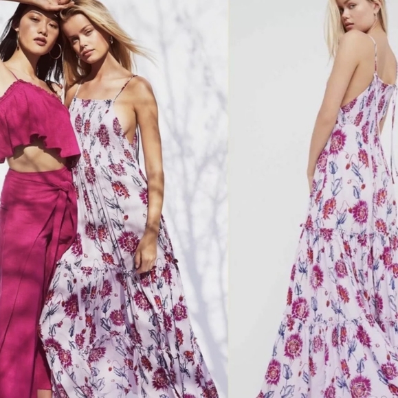 Free People Garden Party Dress Boho Lilac Floral Tiered Maxi - Picture 3 of 12